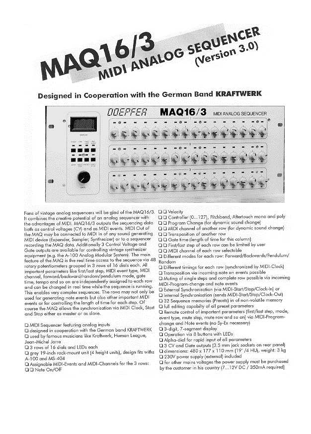 MAQ 16/3 Analog/MIDI sequencer manufacturer's advert sheet